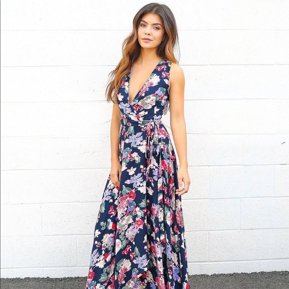 Vici Navy Floral Maxi Dress with Pink & Red Accents